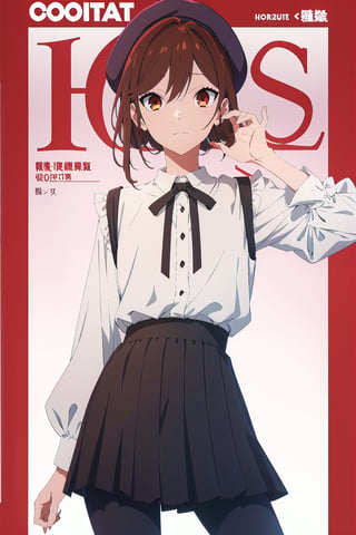 coquette aesthetic,horimiya_hori,1girl,20 years old,brown eyes,magazine cover,modeling pose, standing,foreground,pov_eye_contact,long blouse,puffed sleeves,beret, high waist skirt,leggings, make-up, dominant,eye shading