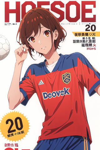 horimiya_hori,1girl ,brown eyes,30 years old,
vintage haircut,magazine cover,modeling pose, foreground,soccer uniform