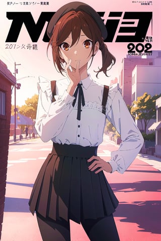coquette aesthetic,horimiya_hori,1girl,20 years old,brown eyes,magazine cover,modeling pose, standing,foreground,pov_eye_contact,long blouse,puffed sleeves,beret, high waist skirt,leggings