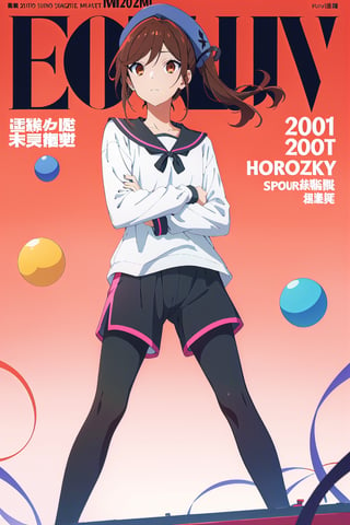coquette aesthetic,horimiya_hori,1girl,20 years old,brown eyes,magazine cover,modeling pose, standing,foreground,pov_eye_contact,long blouse,puffed sleeves,beret, sports shorts,leggings, make-up, eyeliner