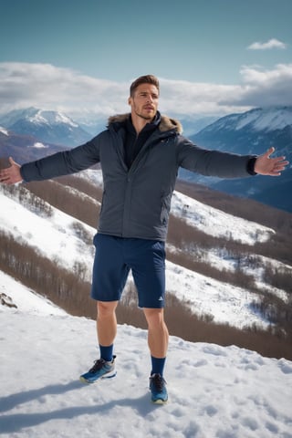 Imagine the following scene.

A handsome man standing on snow mountain.

The man has his legs open and his hands extended upwards.

His gaze lowers, looking at the floor.

The man is from Romania, muscular, 25yo. Very light brown hair, with golden highlights.

Wear sports shorts, sports shoes, and a sports jacket.

The shot is full body. best quality, 8K, high resolution, masterpiece, HD, perfect proportions, perfect hands.