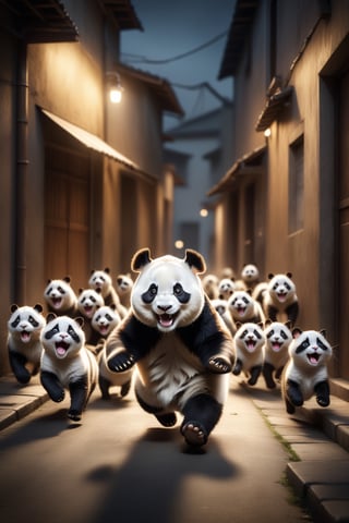 panda, running through alley chasing by lot of cats, (cat yawing), while laughing, flufy body, high contrast, (natural skin texture, hyperrealism, soft light, sharp),  shabby warepack , silo tech background, low key, top light, dark theme, highly detailed, wide-angle, cinematic still, masterpice
,Movie Still,Film Still,Cinematic,Cinematic Shot,Cinematic Lighting,Extremely Realistic,more detail XL