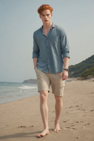 Realistic Photography, Handsome  men , beach, full_body, ginger hair