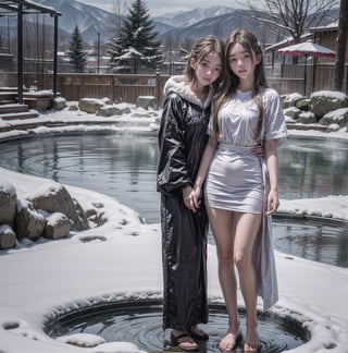 3 girl, high school girl, graduation trip, hot spring trip, hot spring inn, open-air hot spring, soaking in the open-air hot spring, fine snow, hot spring heat presents contrast, everyone has a comfortable expression, moaning face,(full body:1.5),PatiTonin