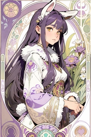(Masterpiece, best quality, very detailed, ultra-detailed, complex), illustration, pastel colors, Art Nouveau, Art Nouveau by Alphonse Mucha, tarot cards, (human, hairy, kemono) , rabbit, rabbit tail, human face, (beautiful detailed eyes), 1other, plump breasts, ((purple hair)), (yellow eyes), harem outfit, scarf, (((purple gray and white fur, Dutch rabbit fur Pattern))), anime style, kawaii, watercolor, solid background, lantern, wire, bright colors,pastel colors,Last
