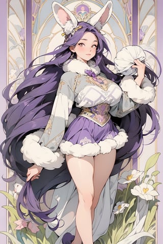 full body photo, (masterpiece, best quality, very detailed, ultra-detailed, intricate), illustration, pastel colors, art nouveau, art nouveau by Alphonse Mucha, tarot cards, (human, furry, beast), rabbit, rabbit tail, human face, (beautiful and detailed eyes), 1other, plump breasts, ((purple hair)), (yellow eyes), harem outfit, scarf, (((purple gray and white fur, Dutch rabbit fur pattern))), anime style kawaii, watercolor, solid color background, lantern, wire, brightly colored and cheerful cheerleading girl wearing cheerleading uniform, miniskirt, holding huge pom poms, cheering enthusiastically, encouraging morale and create a lively atmosphere.  Cheerful girl in cheerleading uniform, cheering and cheering up with huge pompoms, underboob, huge boobs, wearing pink bow hair accessory, Mizuki_Lin, perfect light,long hair