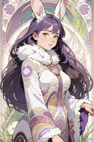 (Masterpiece, best quality, very detailed, ultra-detailed, complex), illustration, pastel colors, Art Nouveau, Art Nouveau by Alphonse Mucha, tarot cards, (human, hairy, kemono) , rabbit, rabbit tail, human face, (beautiful detailed eyes), 1other, plump breasts, ((purple hair)), (yellow eyes), harem outfit, scarf, (((purple gray and white fur, Dutch rabbit fur Pattern))), anime style, kawaii, watercolor, solid background, lantern, wire, bright colors,pastel colors