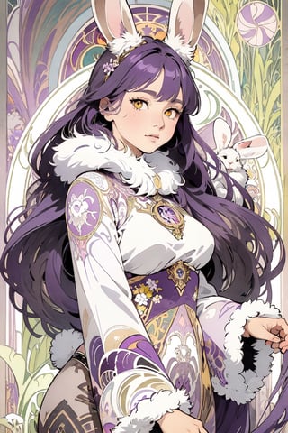 (Masterpiece, best quality, very detailed, ultra-detailed, complex), illustration, pastel colors, Art Nouveau, Art Nouveau by Alphonse Mucha, tarot cards, (human, hairy, kemono) , rabbit, rabbit tail, human face, (beautiful detailed eyes), 1other, plump breasts, ((purple hair)), (yellow eyes), harem outfit, scarf, (((purple gray and white fur, Dutch rabbit fur Pattern))), anime style, kawaii, watercolor, solid background, lantern, wire, bright colors