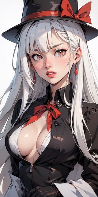 black hat, white hair, long hair, ((white eyes)), red lipstick, black shirt, red bow on chest, black gloves, white eyes,PHbtt90s_style