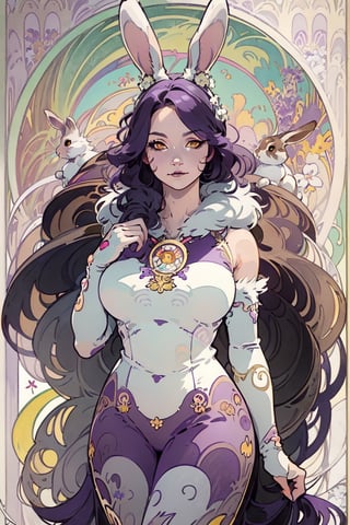 (Masterpiece, best quality, very detailed, ultra-detailed, complex), illustration, pastel colors, Art Nouveau, Art Nouveau by Alphonse Mucha, tarot cards, (human, hairy, kemono) , rabbit, rabbit tail, human face, (beautiful detailed eyes), 1other, plump breasts, ((purple hair)), (yellow eyes), harem outfit, scarf, (((purple gray and white fur, Dutch rabbit fur Pattern))), anime style, kawaii, watercolor, solid background, lantern, wire, bright colors,pastel colors,Last