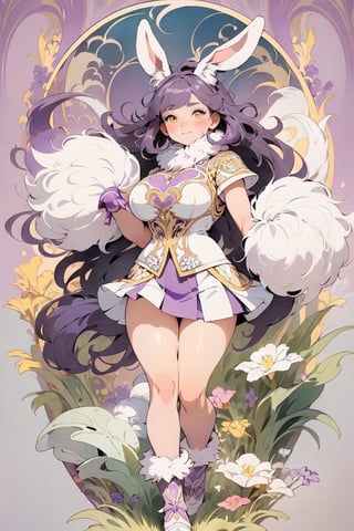 full body photo, (masterpiece, best quality, very detailed, ultra-detailed, intricate), illustration, pastel colors, art nouveau, art nouveau by Alphonse Mucha, tarot cards, (human, furry, beast), rabbit, rabbit tail, human face, (beautiful and detailed eyes), 1other, plump breasts, ((purple hair)), (yellow eyes), harem outfit, scarf, (((purple gray and white fur, Dutch rabbit fur pattern))), anime style kawaii, watercolor, solid color background, lantern, wire, brightly colored and cheerful cheerleading girl wearing cheerleading uniform, miniskirt, holding huge pom poms, cheering enthusiastically, encouraging morale and create a lively atmosphere.  Cheerful girl in cheerleading uniform, cheering and cheering up with huge pompoms, underboob, huge boobs, wearing pink bow hair accessory, Mizuki_Lin, perfect light