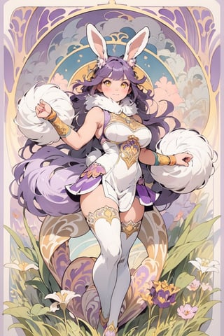 full body photo, (masterpiece, best quality, very detailed, ultra-detailed, intricate), illustration, pastel colors, art nouveau, art nouveau by Alphonse Mucha, tarot cards, (human, furry, beast), rabbit, rabbit tail, human face, (beautiful and detailed eyes), 1other, plump breasts, ((purple hair)), (yellow eyes), harem outfit, scarf, (((purple gray and white fur, Dutch rabbit fur pattern))), anime style kawaii, watercolor, solid color background, lantern, wire, brightly colored cheerleader girl with cheerful personality, wearing cheerleading uniform, holding huge pom poms in hand, cheering enthusiastically, boosting morale, creating Create a lively atmosphere.  Cheerful girl in cheerleading uniform, cheering and cheering up with huge pompoms, underboob, huge boobs, wearing pink bow hair accessory, Mizuki_Lin, perfect light