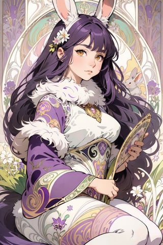 (Masterpiece, best quality, very detailed, ultra-detailed, complex), illustration, pastel colors, Art Nouveau, Art Nouveau by Alphonse Mucha, tarot cards, (human, hairy, kemono) , rabbit, rabbit tail, human face, (beautiful detailed eyes), 1other, plump breasts, ((purple hair)), (yellow eyes), harem outfit, scarf, (((purple gray and white fur, Dutch rabbit fur Pattern))), anime style, kawaii, watercolor, solid background, lantern, wire, bright colors,pastel colors,Last,dragonbaby