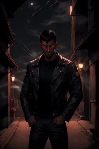 A portrait of a grown, matured, manly, muscular, adult biker gang leader, wearing a (black leather jacket). He has (black crewcut haircut) and a (big scar) on his cheek. He is (((facing the viewer))) grumpily with his brown eyes. His facial expression are both serious and strong. His stance exudes pure manliness. The photo is taken at ((night:1.5)) in a (very dark secluded alleyway) found in deepest pits of the city with a slightly smoky atmosphere. The focus on the man is dynamic and was taken in a (((cowboy shot:1.2))) with his (cruiser motorcycle) behind him.
