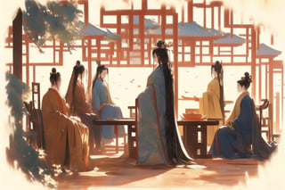 In ancient China, distant view,the gatherings, luxurious banquet halls, with one circle table full of chinese delicious dishes, five Guests dressed in splendid attire, sitting in chairs ,Chinese style