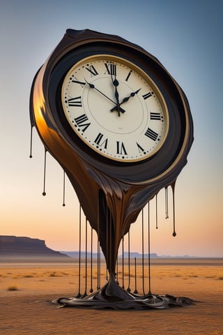 masterpiece, best quality,A giant melting clock draped over a barren landscape: Distorted numbers, dripping metal, and a sense of time dissolving into nothingness.more detail XL