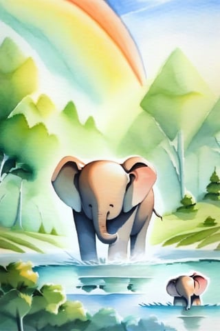 This watercolor depicts a large sunny day with lots of green and bright colors, the watercolor uses a wet-on-wet technique with two elephants and a baby elephant playing in the water by the river, the elephants' trunks spraying water and spraying it on their backs, with the forest in the background
