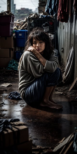 In a dim corner, amidst the ruins of a dilapidated old house, a destitute woman finds herself sheltering among a pile of rubble. Her tattered clothes, disheveled hair, and emaciated figure bear witness to the hardships and suffering she endures in this abandoned place. 

The crumbling roof has collapsed, scattering debris and shards around her. She huddles within a heap of worn-out garments and cardboard boxes, seeking a semblance of warmth and cover in this woeful environment. The scene silently speaks of the presence of society's dark underbelly. 

There is no illumination here, only indifference and callousness. Passersby hurriedly avert their gaze, seemingly oblivious to this unsettling sight, as if the existence of this homeless woman holds no significance. Her presence vividly embodies the injustices and wealth disparities within society, serving as a grim reminder that many individuals are forgotten and marginalized in this modern world. 

This scene highlights some heartbreaking realities of our society, urging us to acknowledge and confront these issues. It stirs contemplation on poverty, homelessness, and social inequality, hoping to awaken empathy and inspire collective efforts in creating a fairer and more inclusive society.