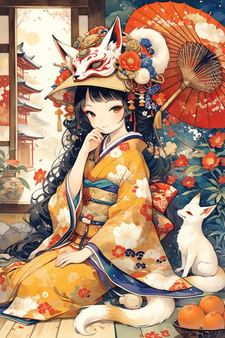 In the photograph, expertly captured by a professional photographer, a vibrant and lively atmosphere fills the frame. The focal point of the image is a young girl adorned in a resplendent kimono, reclining gracefully on the floor. The setting is a traditional Japanese-style old house, imbuing the composition with a sense of cultural richness and historical charm.

The young girl exudes an air of playfulness and exuberance as she rests on the ground. Her kimono, adorned with vivid and rich colors, becomes a visual feast for the eyes. The vibrant hues and intricate patterns of the garment highlight her youthful energy, creating a captivating contrast against the traditional backdrop.

On one side of her face, she dons a fox mask, adding an element of whimsy and intrigue to the photograph. The mask, with its mischievous expression, hints at the playful spirit of the scene, while also alluding to the mythical and mystical significance of foxes in Japanese folklore.

Adjacent to her, an elegant oil-paper umbrella stands tall, adorned with vibrant shades and captivating patterns. The umbrella's presence adds a sense of dynamism and movement to the composition, as if it is unfurled in anticipation of a joyous dance or celebration.

A cluster of fresh oranges lies nearby, their bright and enticing colors adding a burst of vibrancy to the scene. The oranges symbolize abundance, good fortune, and happiness, further enhancing the lively atmosphere captured in the photograph.

The traditional Japanese-style old house serves as a delightful backdrop, with its wooden framework, sliding doors, and carefully crafted architectural details. The interplay of light and shadow creates depth and adds a touch of intrigue to the composition, highlighting the textures and intricate designs within the setting.

The photographer skillfully captures the vivacity and allure of traditional Japanese culture in this lively portrait. The combination of the girl's playful demeanor, the vibrant colors of her kimono, the presence of the fox mask, the oil-paper umbrella, and the oranges all contribute to an atmosphere of joy, celebration, and cultural richness.

In this captivating photograph, viewers are invited to immerse themselves in the dynamic and colorful world of traditional Japan, experiencing the exuberance and visual delights that permeate its cultural heritage.