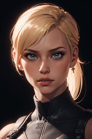 Portrait of Cassie Cage from the Mortal Kombat game. Blonde, long hair, ponytail, insanely detailed, (((masterpiece))), best quality, 8k, ultra high res, High contrast and low saturation,Cassie