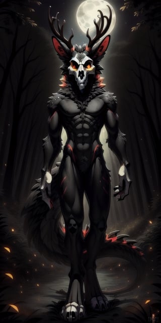 full frontal body image of a solo femboy ((male)) ((jackal)) (wendigo), ((shaggy black and red fur)), ((jackal ears)), a (((wolf skull for a head))), ((antlers)), red claws, ((dragon tail)). He is slender, sleek, skinny, lean ((emaciated, skinny, gaunt)). Moonlit forest

skulldog,front_view,black_body,digitigrade,furred_dragon,orange_eyes,scales,finger_claws,pawpads,solo,horns,eastern_dragon,antlers,
,portrait,firefliesfireflies,horror (theme)