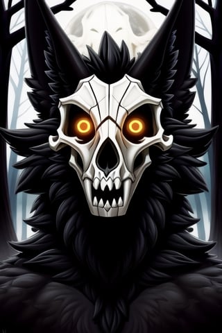 head shot image of a solo ((male)) ((jackal)) (wendigo) with ((shaggy black fur)), ((jackal ears)), a (((wolf skull for a head))), (((fangs))), horns, moonlit forest.

skulldog_(species),front_view,black_body,orange_eyes,solo,horns,in_profile,head_shot,sakimichan

Please fit the subject in frame.