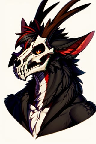 Please create for me a head shot image of a solo femboy ((male)) ((jackal)) (wendigo) furry eastern (dragon) with ((shaggy black and red fur)), ((jackal ears)), a (((wolf skull for a head))), horns, red claws, long (dragon tail) with fluffy red tuft. He is slender, sleek, skinny, lean ((emaciated, skinny, gaunt)). He's in a night time foggy forest.

front_view,black_body,digitigrade,furred_dragon,orange_eyes,scales,finger_claws,pawpads,tail,solo,horns,eastern_dragon,antlers,in_profile,head_shot,diphallism

Please fit the subject in frame, do not cut off the antlers or ears. Thank you.