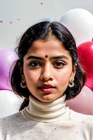Face portrait photo of beautiful young indian girl ,big eyes,round face wearing a red turtleneck standing in the middle of a ton of white balloons, 4k,rough face texture,hyper realstick
