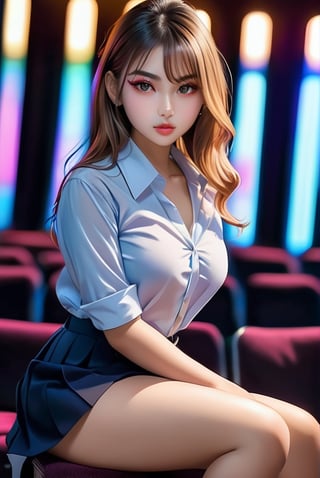 School girl, wear school uniform, breast, thick legs, slim body, downward-turn lips, sapphire eye, gold hair, black school shoes, long shirt, straight eye brown, cool cat eyeliner, gorgeous and beautiful girl.
vibrant colors, masterpiece, cinema lighting, sharp focus, depth on field, 8k picture. 