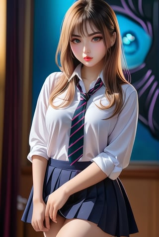 School girl, wear school uniform, breast, thick legs, slim body, downward-turn lips, sapphire eye, gold hair, black school shoes, long shirt, straight eye brown, cool cat eyeliner, gorgeous and beautiful girl.
vibrant colors, masterpiece, cinema lighting, sharp focus, depth on field, 8k picture. 