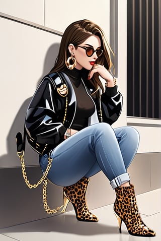 Girl, ((cool cat eyeliner)), ((lora breast xl)), slim body shape, black t shirts, ((skin crop jacket)), short jeans, high heels boots shoes, ((lora 2.0 8k HD lora picture)), black long hair, ((sun glass)), shining finger diamond ring, ((straight eye brown)), downward-turn lips, red lip, ((gold big earrings)), modern fashion style, gold apple watch, gold hand chain, wearing small girl backpack. 