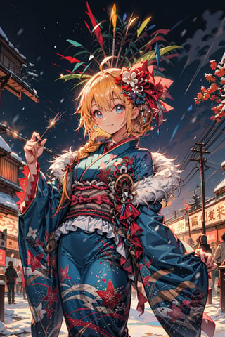 Anime ,hentai,(beautiful detailed face, beautiful detailed eyes),(((best quality,masterpiece))),bbpeco, ahoge, single braid, hair over shoulder, hair ornament, hair flower, blue flower, fur trim, japanese clothes, blue kimono, print kimono, wide sleeves, obi, (anime style),(Snow cover,night_sky ,fireworks,Matsuri, nature view),more detail XL,EpicSky,cloud,aapeco