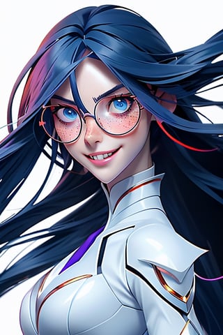 (((8K, DETAILS, 4K, 2K, HIGH QUALITY, HIGH QUALITY, UHD, HD, HDR, HQR, HQ, real anime style, tall girl, ultra quality, white background)))
((freckles in the face))
 ((Rip Van Winkle, very long strong dark-blue hair to the necks, blue eyes, circle glasses, evil smile, fangs, white teeth, 1 long strand of hair in front of his right eye, long face, long pointed nose, very pointed nose, long, lock of hair sticking out in front of his hair, blush, white skin, ))
((elegant dark-purple suit, panoramic view, ))