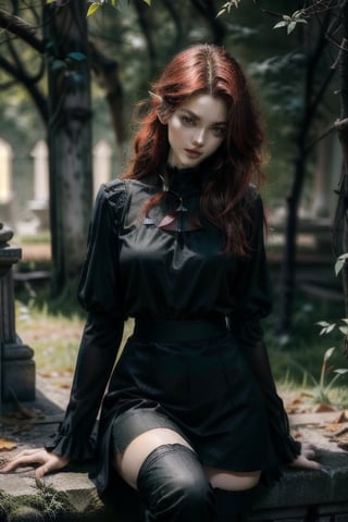 skin=pale; hair=red; race=bloodelf face=soft features and a smirk; eyes=green; clothing=black trousers, black blouse, waterfall sleeves, overknee boots; Expression=mischief, ears=elvish; background = graveyard 