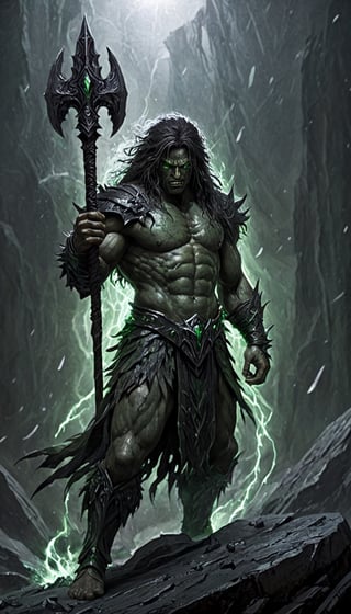 masterpiece, best quality, ultra high res, beautiful, visually stunning, elegant, incredible details, award-winning painting, (dark art:1.1), deep shadow, (dark theme:1.2), , rage, glowing, aura, energy, beam, flying debris, [serious|angry], floating hair, CLOSE-UP PORTRAIT, BERSERKER, muscular,full_body,green strong wind behind,Fangtian Halberd,emerald green armor