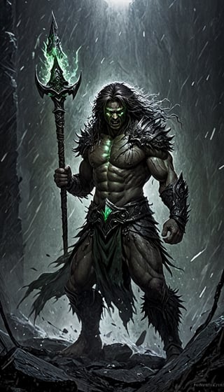 masterpiece, best quality, ultra high res, beautiful, visually stunning, elegant, incredible details, award-winning painting, (dark art:1.1), deep shadow, (dark theme:1.2), , rage, glowing, aura, energy, beam, flying debris, [serious|angry], floating hair, CLOSE-UP PORTRAIT, BERSERKER, muscular,full_body,green strong wind behind,Fangtian Halberd,emerald green armor