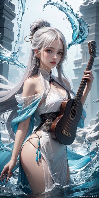 (masterpiece, top quality, best quality, official art, beautiful and aesthetic 1.2), (1girl 1.2), extreme detailed,(abstract 1.4, fractal art 1.3),(silver_hair 1.1), fate \(series\), colorful,highest detailed, ice, lightning, (splash_art 1.2), jewelry 1.4, hanfu, scenery, ink, left hand using water magic, Holding the lute in the right hand