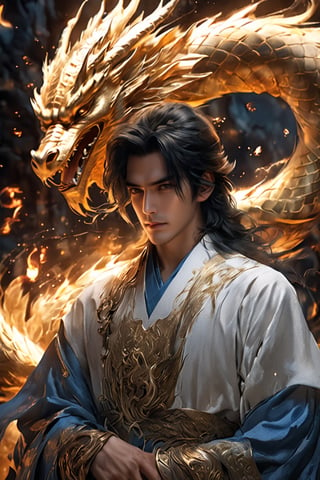 1boy, short korean hair, looking at viewer, bangs, long white sleeves. behind him there is dragon with horn, hair between eyes, full lenght body, braid, black hair, wide sleeves, hollow, robe, golden and blue robe, shallows depth of field, dramatic light, perfect composition