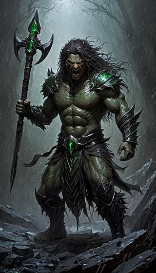 masterpiece, best quality, ultra high res, beautiful, visually stunning, elegant, incredible details, award-winning painting, (dark art:1.1), deep shadow, (dark theme:1.2), , rage, glowing, aura, energy, beam, flying debris, [serious|angry], floating hair, CLOSE-UP PORTRAIT, BERSERKER, muscular,full_body,green strong wind behind,Fangtian Halberd,emerald green armor