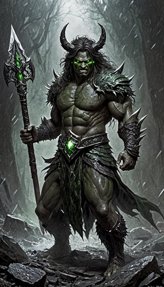 masterpiece, best quality, ultra high res, beautiful, visually stunning, elegant, incredible details, award-winning painting, (dark art:1.1), deep shadow, (dark theme:1.2), , rage, glowing, aura, energy, beam, flying debris, [serious|angry], floating hair, CLOSE-UP PORTRAIT, BERSERKER, muscular,full_body,green strong wind behind,Fangtian Halberd,emerald green armor