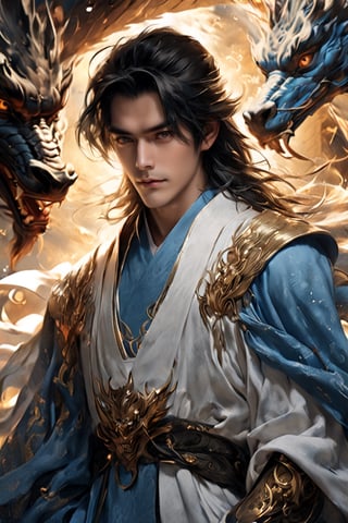 1boy, short korean hair, looking at viewer, bangs, long white sleeves. behind him there is dragon with horn, hair between eyes, full lenght body, braid, black hair, wide sleeves, hollow, robe, golden and blue robe, shallows depth of field, dramatic light, perfect composition