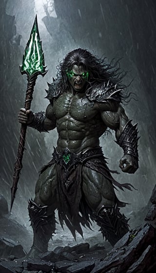 masterpiece, best quality, ultra high res, beautiful, visually stunning, elegant, incredible details, award-winning painting, (dark art:1.1), deep shadow, (dark theme:1.2), , rage, glowing, aura, energy, beam, flying debris, [serious|angry], floating hair, CLOSE-UP PORTRAIT, BERSERKER, muscular,full_body,green strong wind behind,Fangtian Halberd,emerald green armor