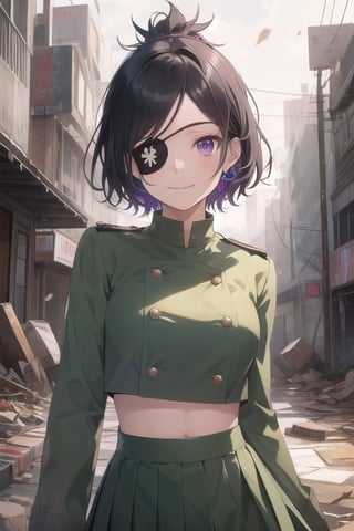masterpiece, best quality, ultra-detailed, glowing light, (detailed background, complex background:1.2), (perfect face, detailed face), 
1girl, solo, chrome dokuro, black hair, eyepatch, (purple eyes:1.1), short hair, narrow waist, 
crop top, eyepatch, school uniform, serafuku, skirt, green uniform, 
Ruined city, rubble, 
hold a trident, light smile, looking at viewer, 