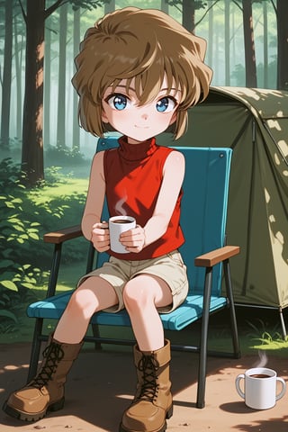 score_9, score_8_up, score_7_up, score_6_up, masterpiece, best quality, ultra-detailed, highres, absurdres, retro artstyle, 
1girl, solo, AiHaibaraDCXL, child, big eyes, short hair, brown hair, hair between eyes, blue eyes, flat chest, 
shirt, red shirt, turtleneck shirt, sleeveless shirt, shorts, light brown shorts, boots, drown boots, 
forest park, camping, outdoors, day, 
sitting on camping chair, light smile, blush, holding coffee mugs, looking at viewer, 
