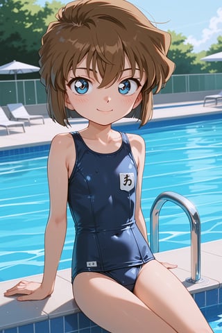 score_9, score_8_up, score_7_up, score_6_up, masterpiece, best quality, ultra-detailed, highres, absurdres, retro artstyle, 
1girl, solo, AiHaibaraDCXL, , child, big eyes, short hair, brown hair, hair between eyes, blue eyes, flat chest, 
school swimsuit, 
school, pool side, outdoors, day, 
sitting, standing, light smile, blushing, looking at viewer, 