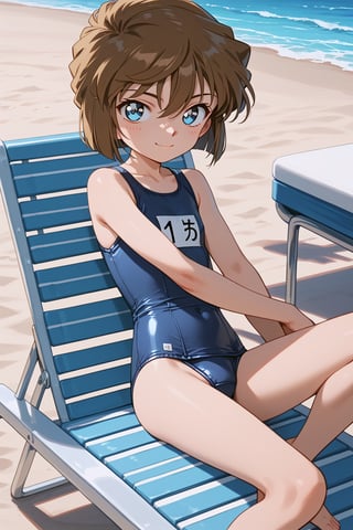 score_9, score_8_up, score_7_up, score_6_up, masterpiece, best quality, ultra-detailed, highres, absurdres, retro artstyle, 
1girl, solo, AiHaibaraDCXL, , child, big eyes, short hair, brown hair, hair between eyes, blue eyes, flat chest, 
school swimsuit, 
school, pool side, outdoors, day, 
laying on beach chair, light smile, blushing, looking at viewer, from side, 