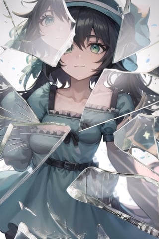 masterpiece, best quality, ultra-detailed, 8k, (detailed background, complex background:1.2), (perfect face, detailed face), mayuri shiina, (black hair:1.5), (green eyes:1.5), messy hair, short hair, hat, blue hat, (blue dress:1.5), collarbone, dress, puffy short sleeves, puffy sleeves, short sleeves, IncrsBrknGls, broken glass, reflection, hand towards viewer, reaching out, empty eyes