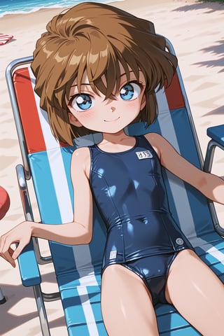 score_9, score_8_up, score_7_up, score_6_up, masterpiece, best quality, ultra-detailed, highres, absurdres, retro artstyle, 
1girl, solo, AiHaibaraDCXL, , child, big eyes, short hair, brown hair, hair between eyes, blue eyes, flat chest, 
school swimsuit, 
school, pool side, outdoors, day, 
laying on beach chair, light smile, blushing, looking at viewer, 