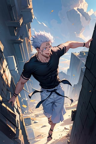 1 boy, edge light, Gojo Satoru, powerful sorcerer, tight black t-shirt, loose white pants, bright blue eyes, white hair, happy, city background, Jujutsu Kaisen, mix of fantasy and realism, special effects, fantasy, ultra HD, HDR, 4K,sukunatattoo