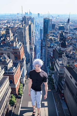 1 boy, edge light, Gojo Satoru, powerful sorcerer, tight black t-shirt, loose white pants, bright blue eyes, white hair, happy, city background, Jujutsu Kaisen, mix of fantasy and realism, special effects, fantasy, ultra HD, HDR, 4K,Pixel art,Pixel world,masterpiece